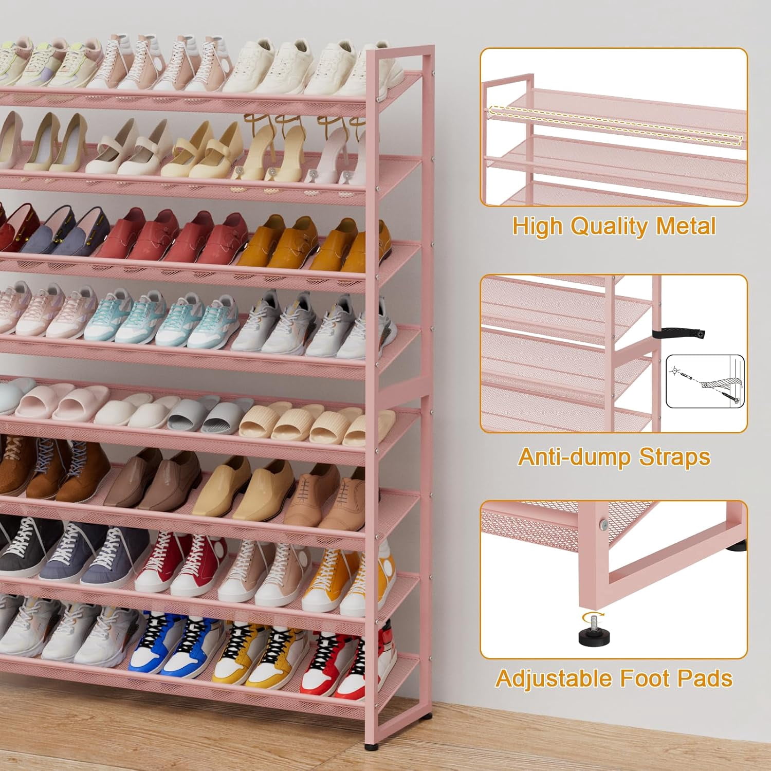 NEYCIL Large Shoe Rack, 8 Tiers Heavy Duty Metal Shoe Storage Rack for Closet Front Door Entrance, Up to 50 Pairs, Pink
