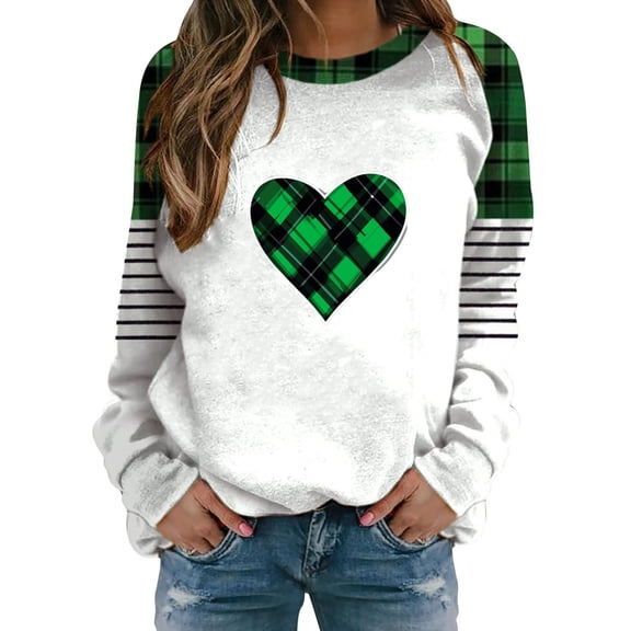 Plus Size St Patricks Day Sweatshirt for Women Festival Printed Color Block Crew Neck Long Sleeve Casual Tops (XL, White)