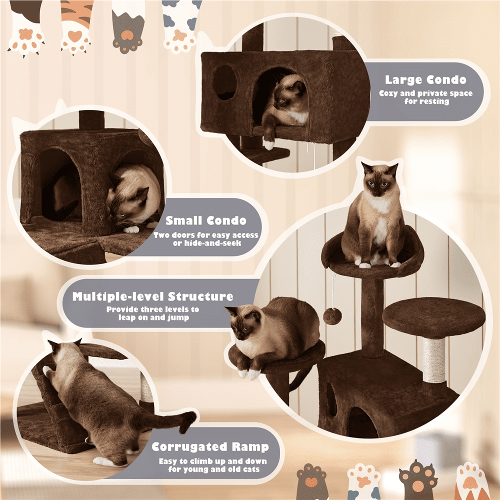 Yaheetech 53.9" H Cat Tree with Double Condos, Scratching Posts & Ramp, Brown