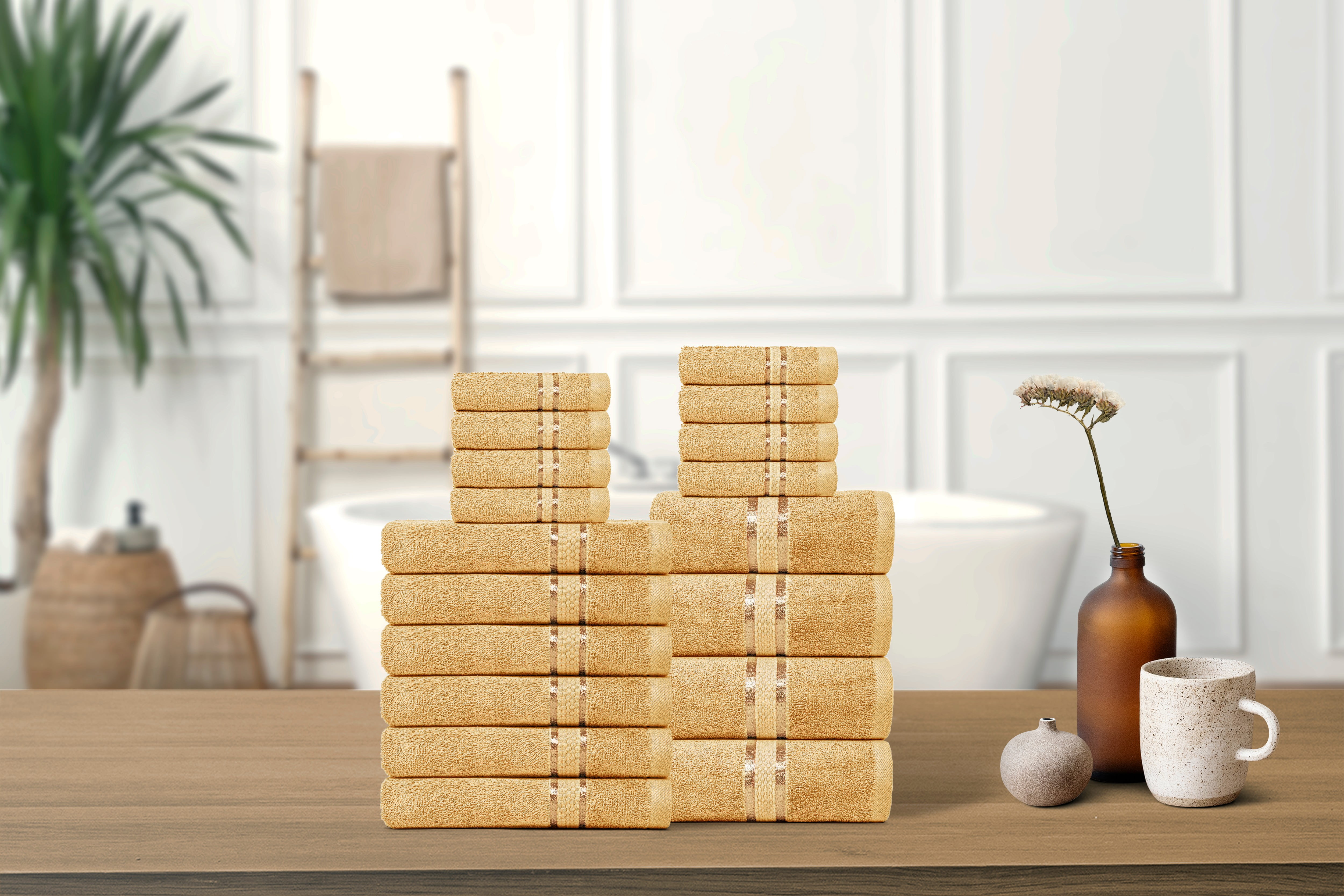 Dewall Maisons Beige 18-Piece Plush Towel Set, 100% Cotton - Ultra-ComFortable, Quick-Drying - Includes 4 Bath Towels, 6 Hand Towels, 8 Washcloths - Perfect For Luxurious Bathrooms