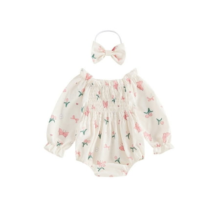 

Caitzr Baby Girls Rompers Floral/Bowknot Print Bodysuits with Headband