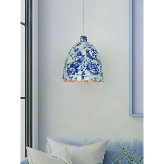 Chinoiserie style Blue Pottery Bird Print Metal Pendant Light | Traditional Bell Shade
