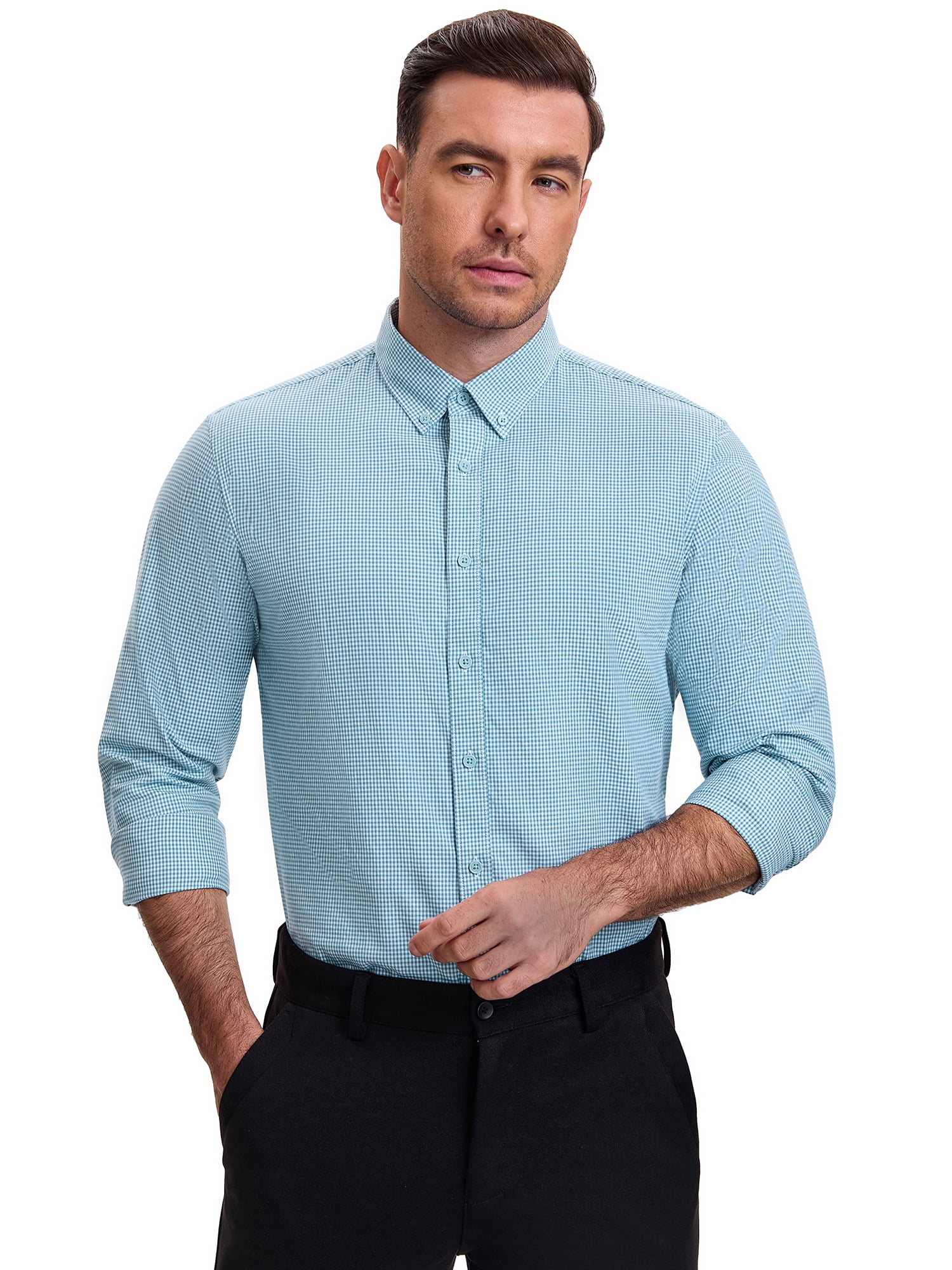 DARING DIVA Men's Plaid Long Sleeved Button Down Houndstooth Dress Shirts M Light Green