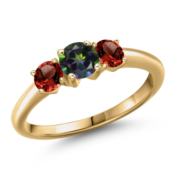 Gem Stone King 18K Yellow Gold Plated Silver Green Mystic Topaz and Red Garnet Engagement Ring for Women | 1.29 Cttw | Round 5MM | Gemstone November Birthstone | Size 8