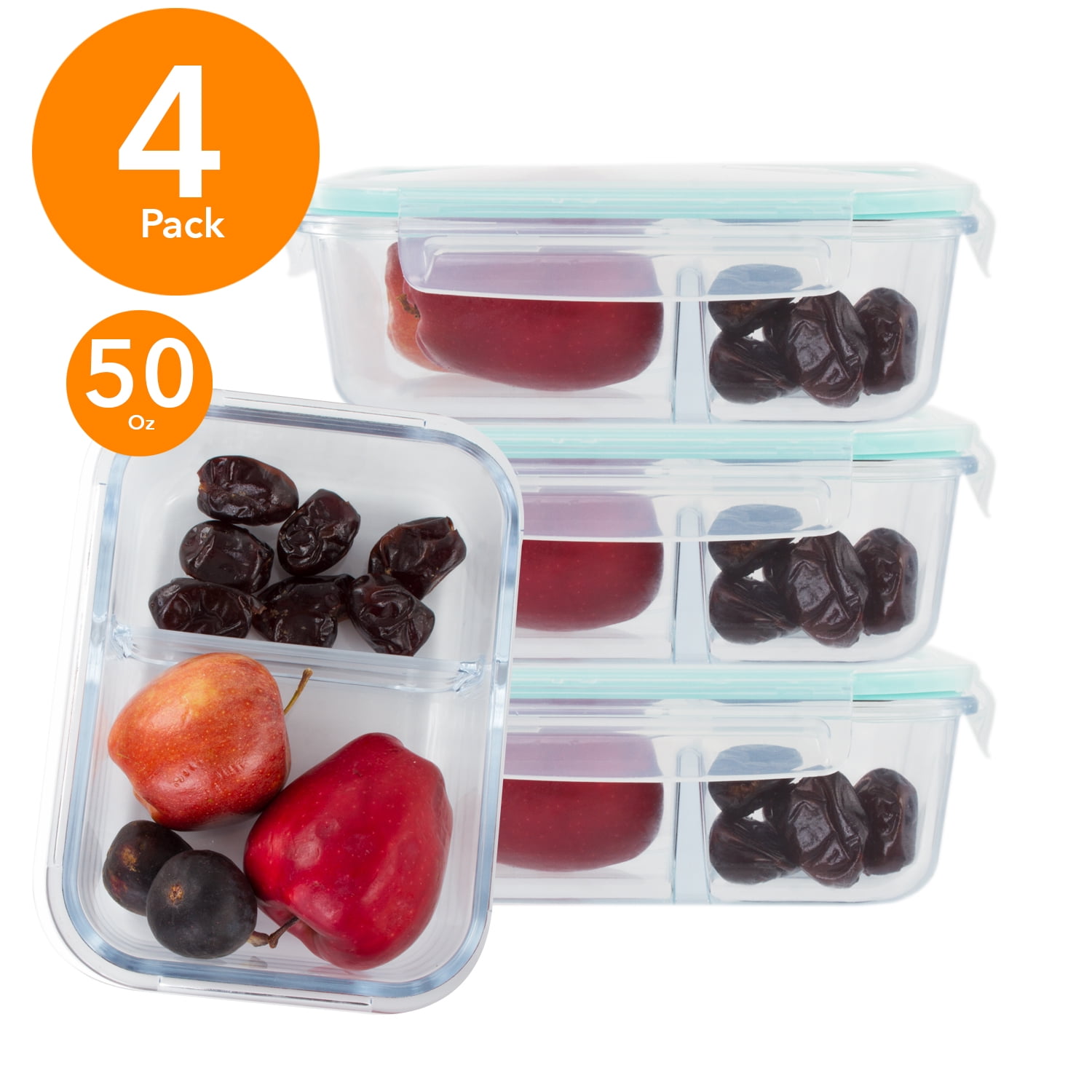 Glass 51 Oz Food Containers 2 Compartment Meal Prep Storage Leak Proof Lid 