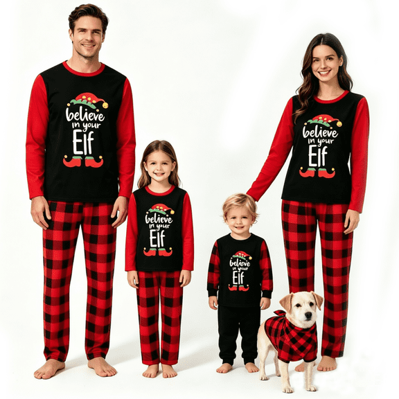 RUINIXCW Family Christmas Pajamas Matching Set Xmas Outfit Holiday Jammies Elf Letters Long Sleeve Tops Plaid Pants Sleepwear Adult Kids Toddler Baby