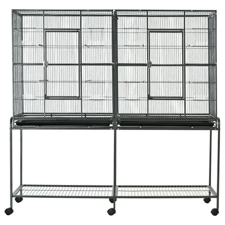 Pawhut 65" Double Rolling Metal Bird Cage Feeder with Detachable Rolling Stand, Storage Shelf, Perch & Food Container