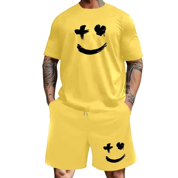 KKBOTIVE Mens Outfit Set Letter Print Crew Neck Short Sleeve Shirt and Shorts Adults Summer Tracksuits Outfits 2 Piece Suits, Yellow Size: L