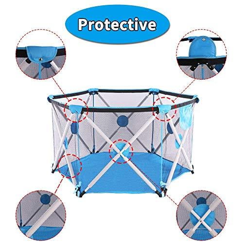 Arkmiido Baby Playpen Foldable Playyard for Babies Portable Hexagonal Folding Playpen with Breathable Mesh and Storage Bag Indoor and Outdoor Play Pit for 0-4 Ages No Balls Blue 