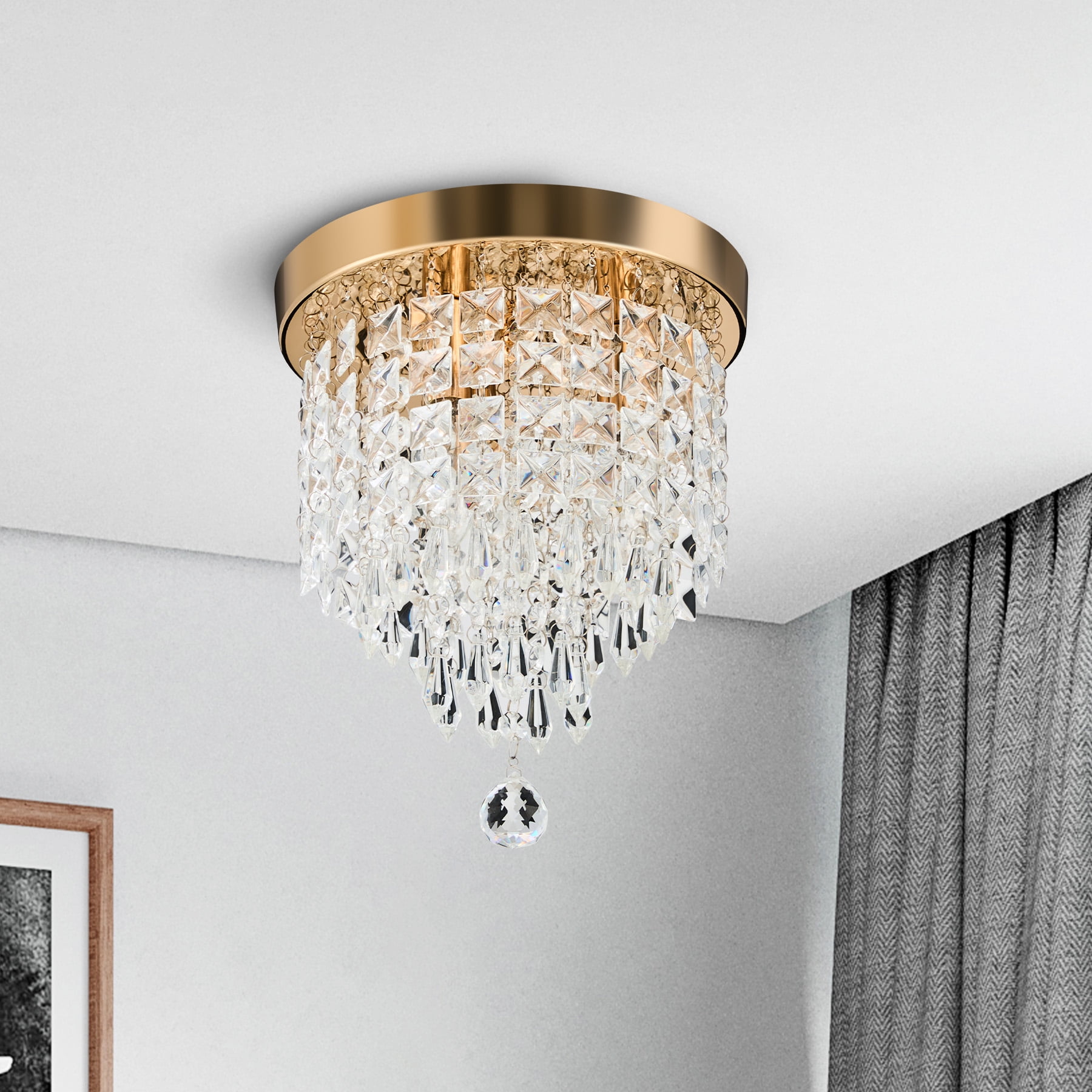 Bestco 3-Light Modern Crystal Chandelier Flush Mount Ceiling Light for Living Room Gold
