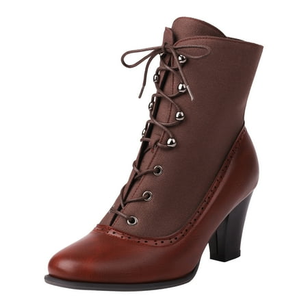 DVKOVI Cute Womens Shoes Ankle Cowgirl Boots Women s Boots Autumn and Winter Color Matching Tie Up Middle Heel Short Boots Short Cowgirl Boots for Women Red 38