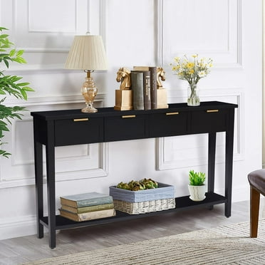 Kinbor Modern Long Console Table, 2-Tier Sofa Table for Living Rooms Hallways, Bright Black Finishing