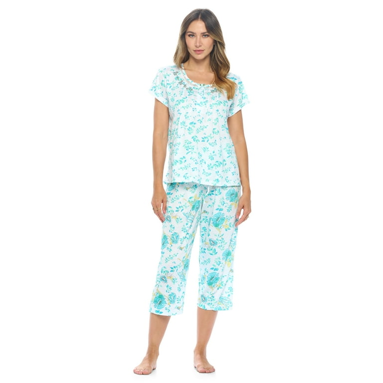 Casual Nights Women's Short Sleeve Embroidered Floral Capri Pajama Set
