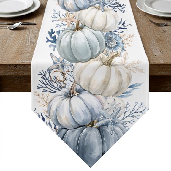 Coastal Pumpkins Fall Table Runner Linen Burlap Table Runner 60 Inches Long Thanksgiving Navy Blue Pumpkin Dresser Scarves for Kitchen Island Coffee Dining Room Party Holiday Decoration 13"x60"