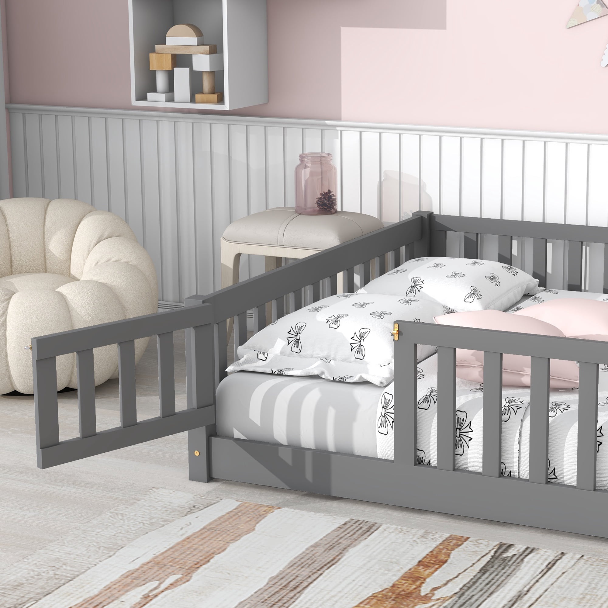 UHOMEPRO Twin Size Floor Bed with Fence and Door, Low Profile Montessori Floor Bed for Crib Transition, Solid Wood Cute Bed Frame with Slats Supports, Easy Assembly, No Box Spring Needed, Grey