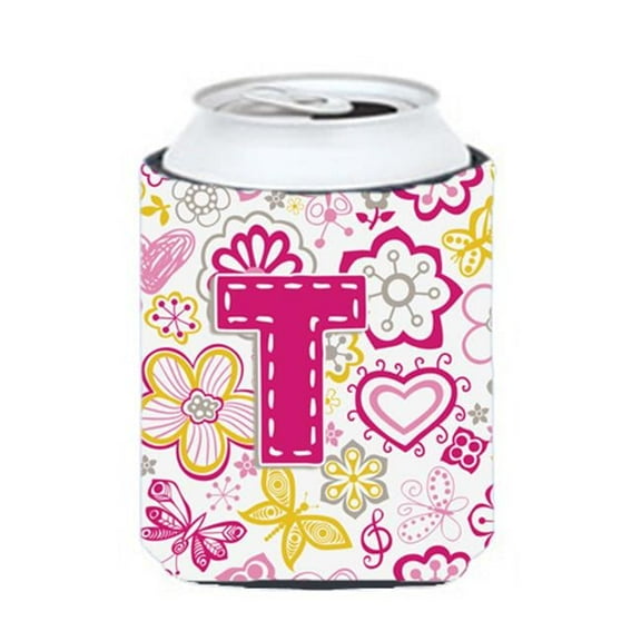 Letter T Flowers And Butterflies Pink Can & Bottle Hugger