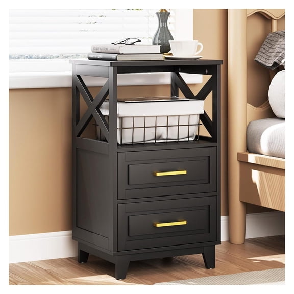 Tall Nightstand, Side Table with 2 Drawers and Open Shelf on Top, Bedside Table with Solid Feet, Modern Night Stand End Table for Bedroom, Living Room, Home Office, Black Black-open Shelf on Top 1