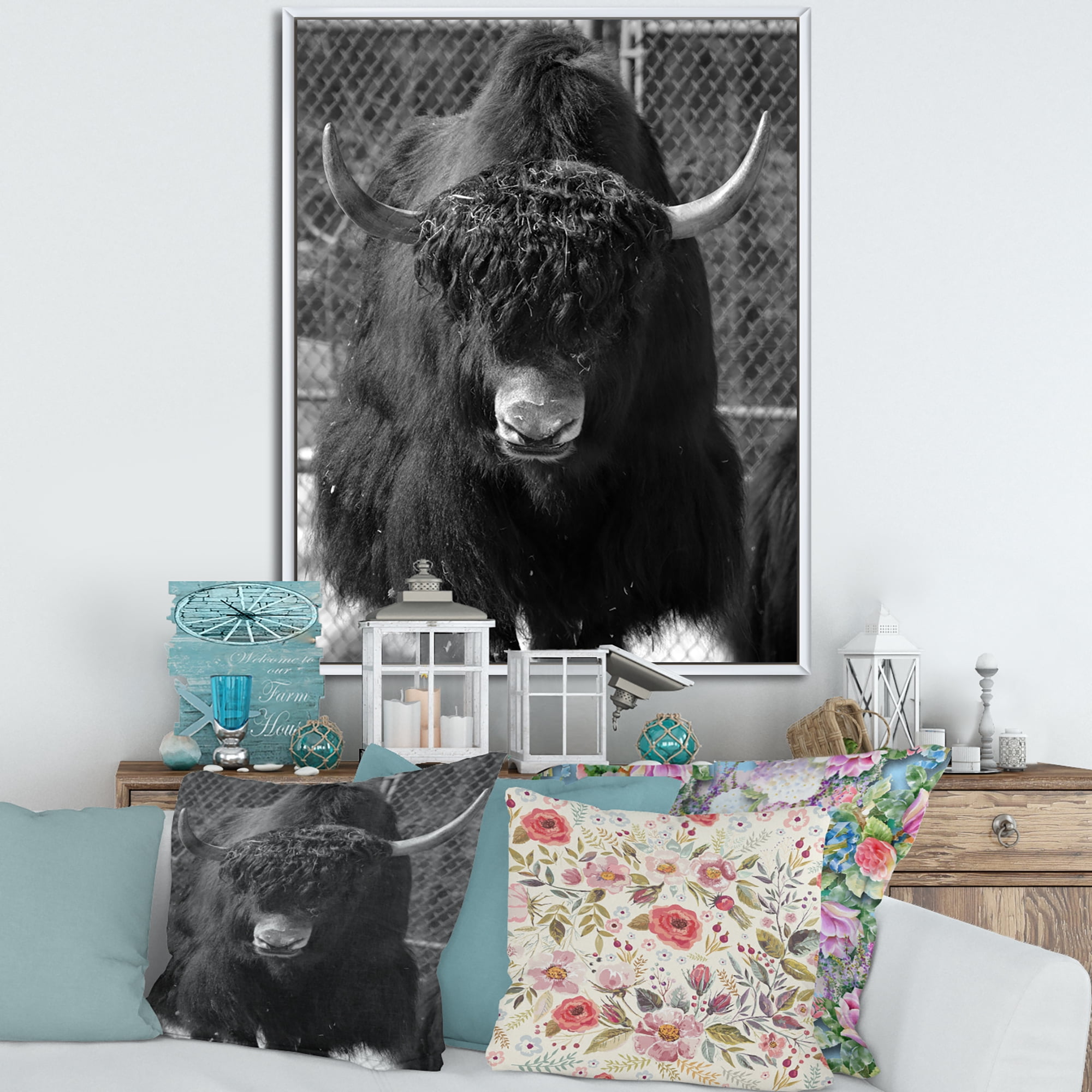 Designart 'Portrait Of Monochrome Wild Bull In Winter Forest II' Farmhouse Framed Canvas Wall Art Print