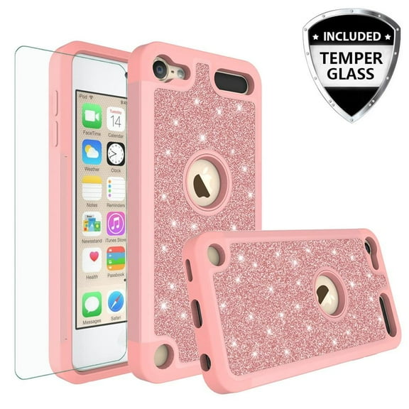 Apple iPod Touch 5/6/7 Generation Case Cover w/ [Temper Glass Screen Protector] Glitter Bling Silicone Hard Phone Case for New iPod Touch - Rose Gold