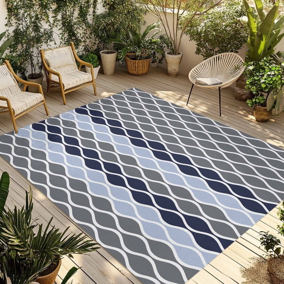 Ombre Blue Grey Outdoor Rug for Patio/Deck/Porch, Non-Slip Large Area Rug 6 x 9 Ft, Modern Abstract Waves Morocco Striped Indoor Outdoor Rugs Washable Area Rugs, Reversible Camping Rug Carpet Runner