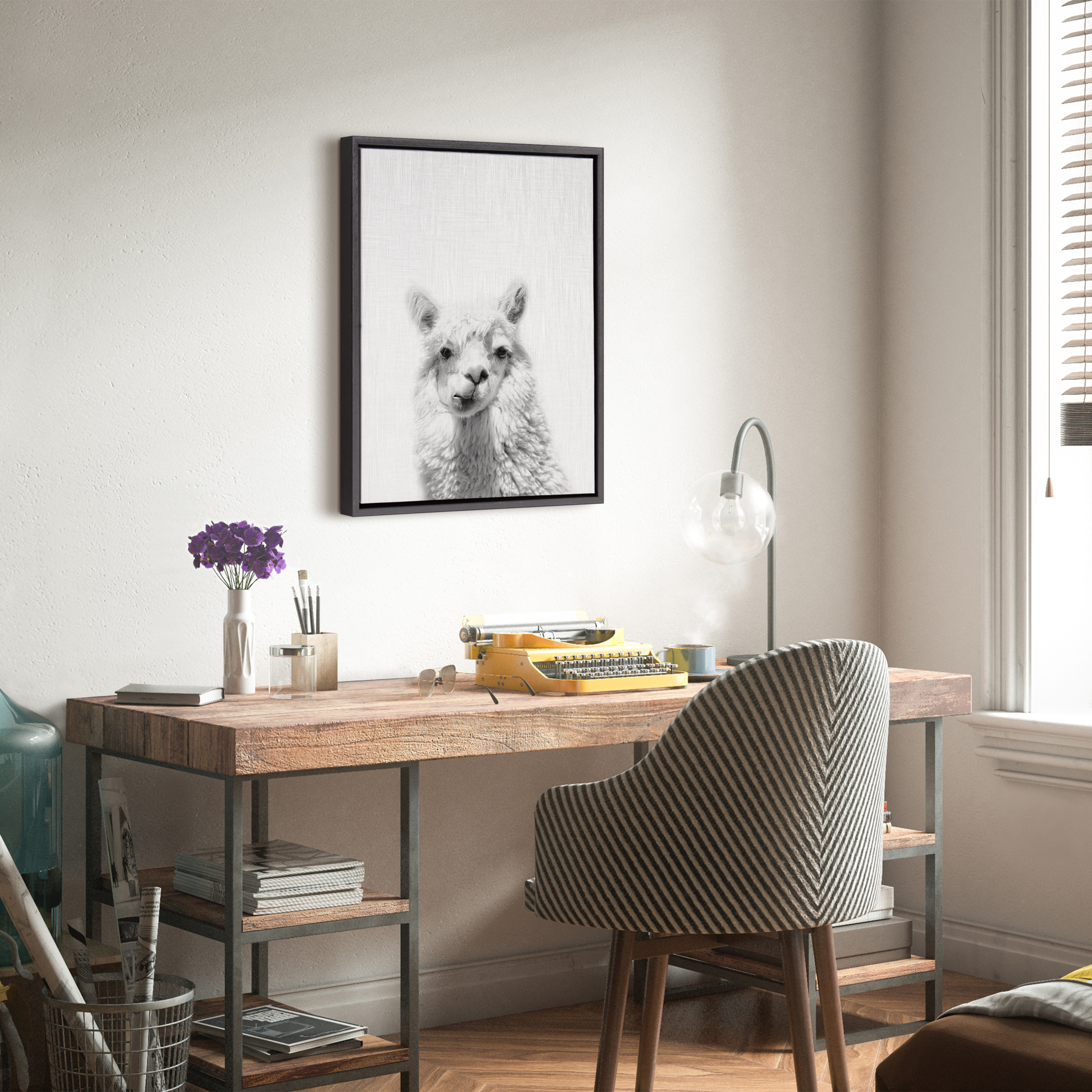 Kate and Laurel Sylvie Alpaca Black and White Portrait Framed Canvas Wall Art by Simon Te Tai, 18x24 Black