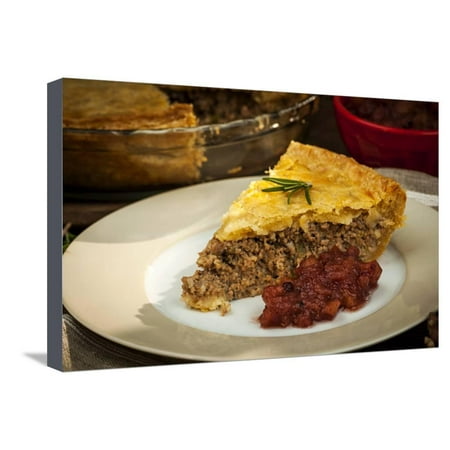 Slice of Traditional Pork Meat Pie Tourtiere with Apple and Cranberry Chutney from Quebec, Canada. Stretched Canvas Print Wall Art By