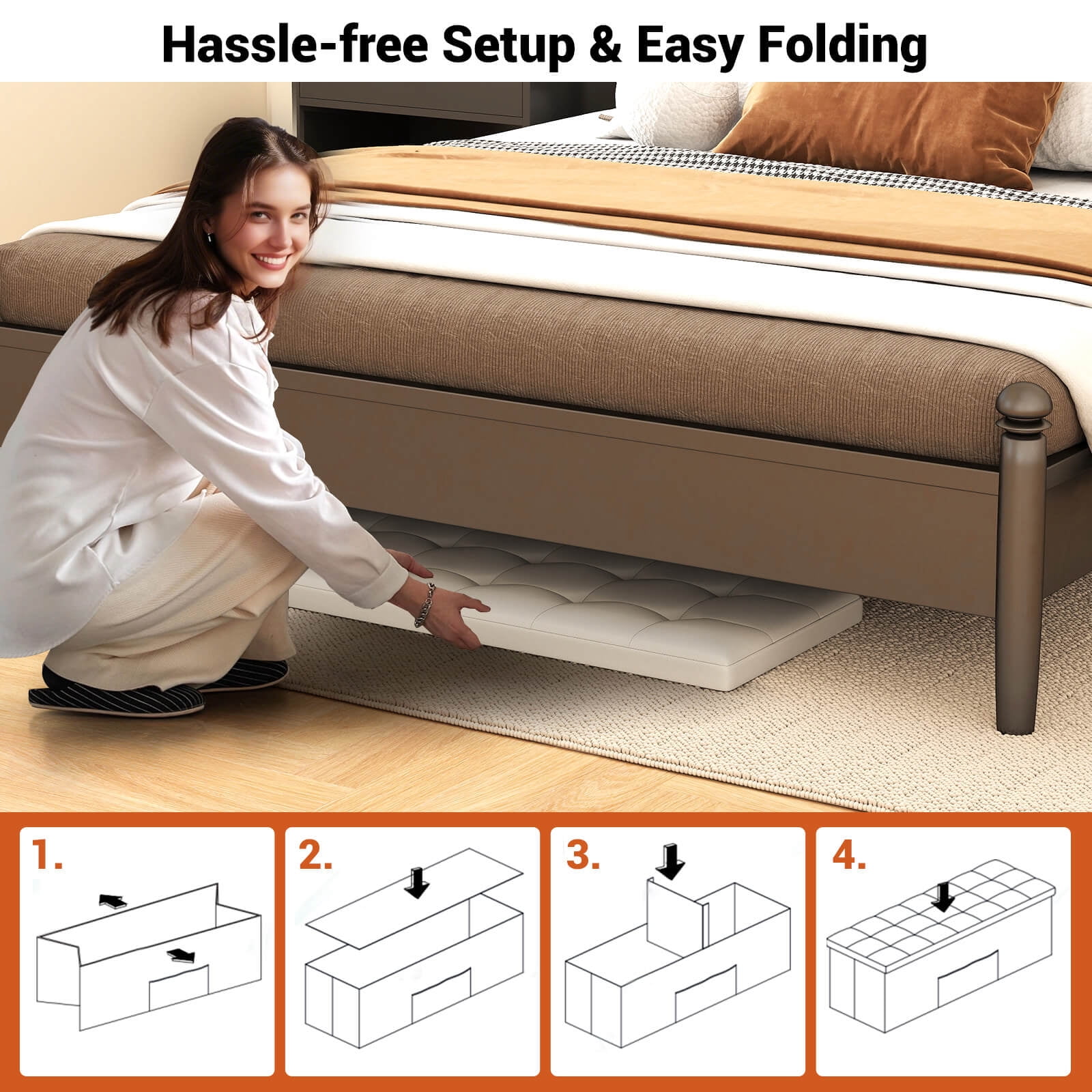 Costway 43 Inches Folding Storage Ottoman Bench Foot Rest Stool with Side Pocket White