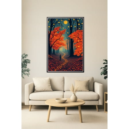 Autumn Glow – Enchanted Forest Path Under a Golden Moon 【Rolled Canvas】