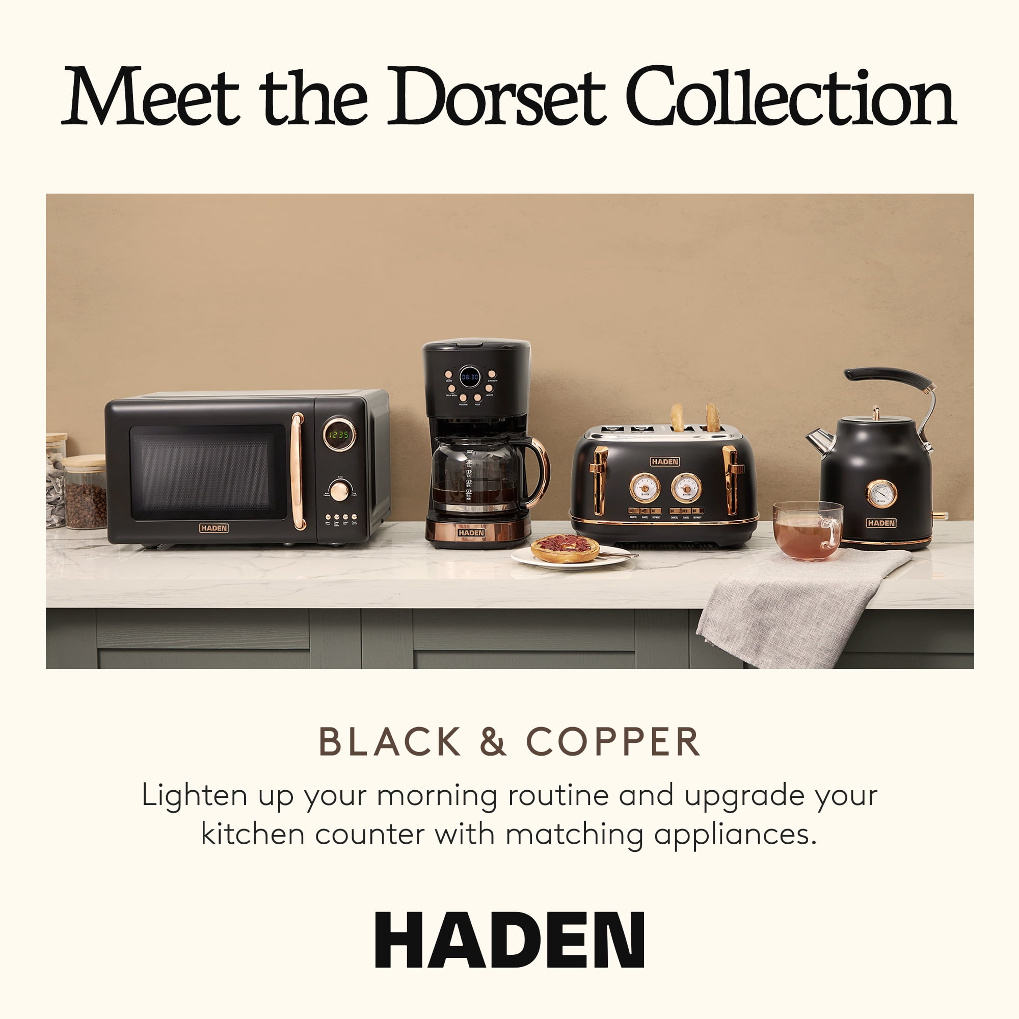 Open Box Haden Dorset 4 Slice Wide Slot Steel Toaster w/ Tray, Black/Copper