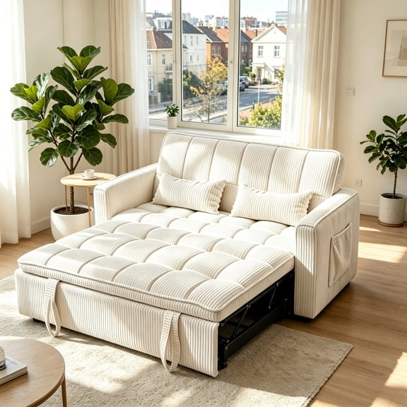 Anpport 55" Striped Corduroy Loveseat, Convertible Sleeper Sofa Bed for Small Spaces, Beige