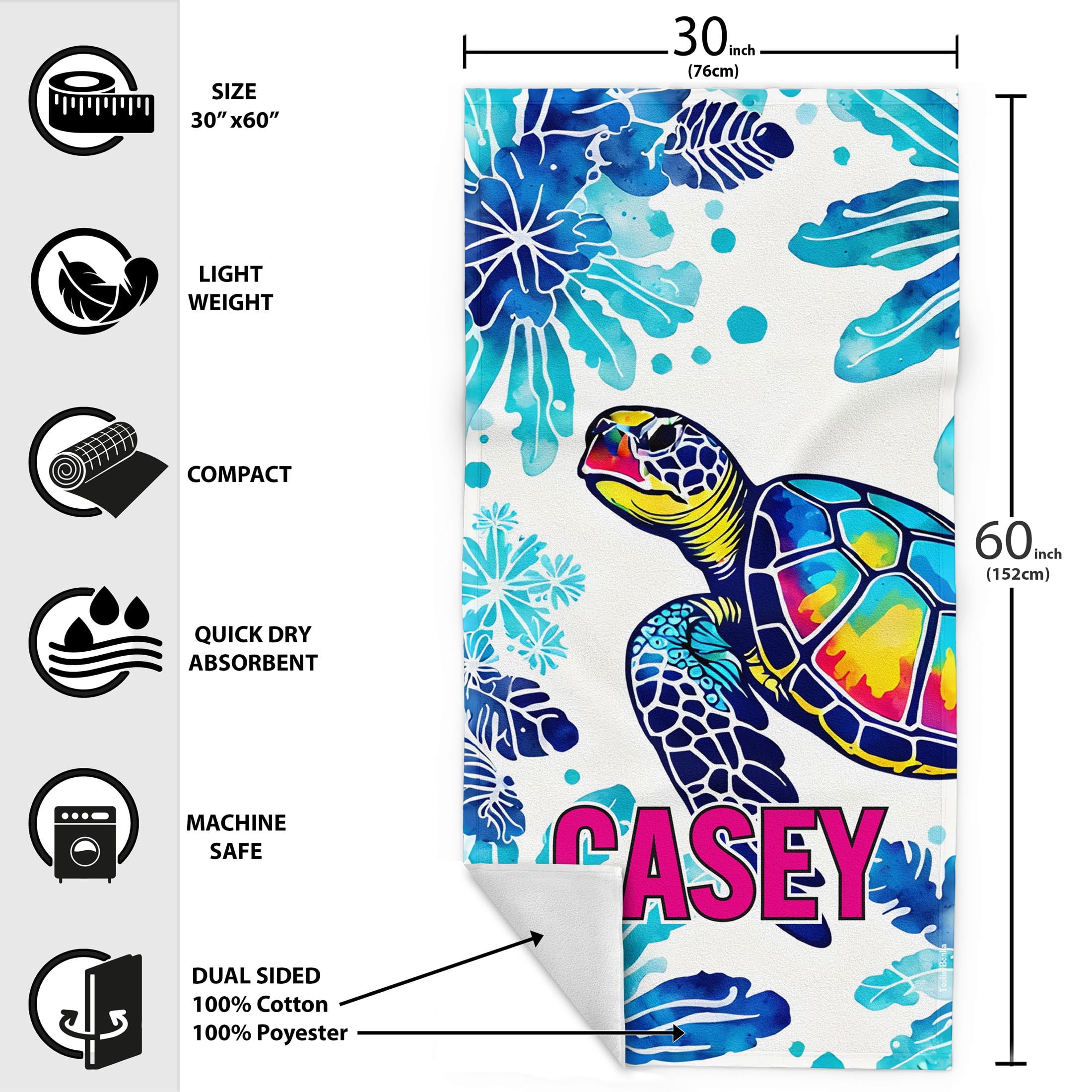 Toolie Bonka Personalized Splash Turtle Beach Towel for Boys, 30in X 60 Dual sided Polyester & Cotton gift towels for kids