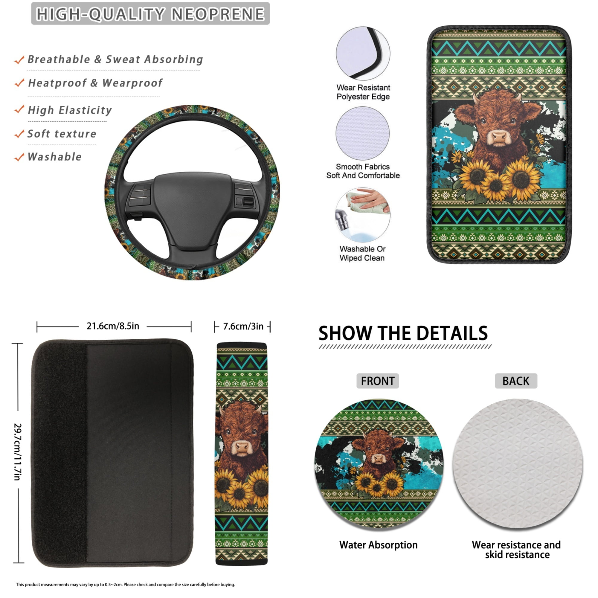 Tutolipy Highland Cow Print 15 Pack Car Seat Cover Sets, Sunflower Aztec Print Front Rear Split Bench Seat Covers for Cars, Steering Wheel Cover Seatbelt Pad Car Center Console Cover, Universal Fits