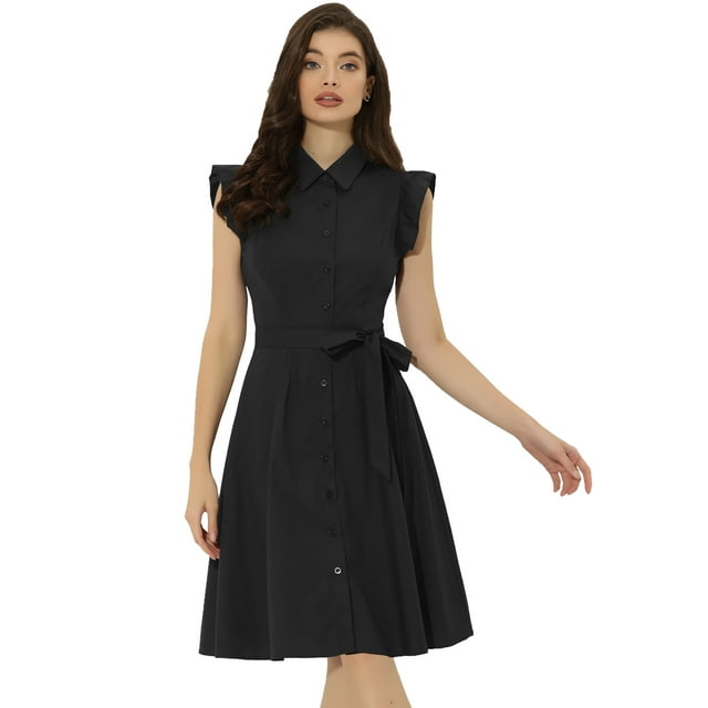 Vestido Camisero A Media Pierna De Algodón Con Cinturón Y Manga Con Volantes Y Cierre De Botón Para Oficina De Trabajo Para Mujer Negro S