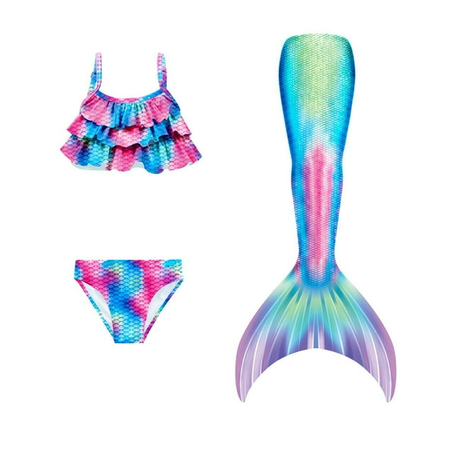Toimothcn Maillot de Bain Fille Sans Manches Décontracté Imprimés Écailles de Poisson Colorés Ensemble Bikini 3 Pcs Séchage Rapide Couverture Maillot de Bain Confortable Vêtements de Plage