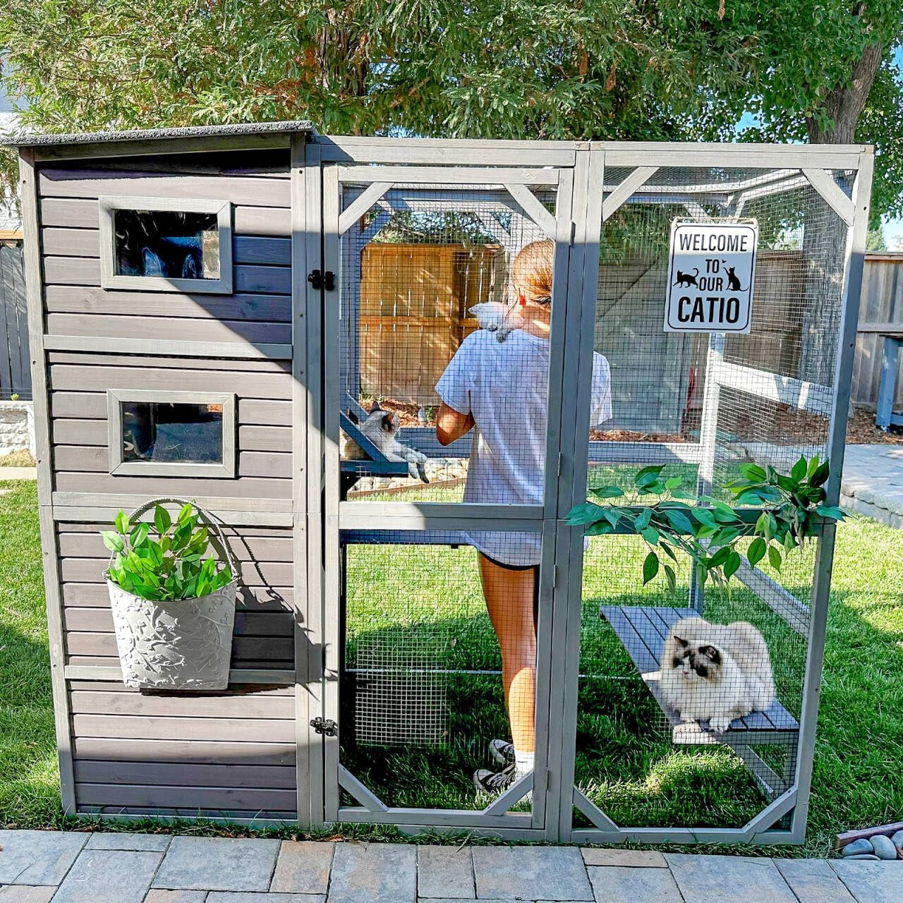 Catio Outdoor Cat Enclosure Large Cat Enclosure 4 Tiers Outdoor Cat House Connectable with Window,Grey,77" L