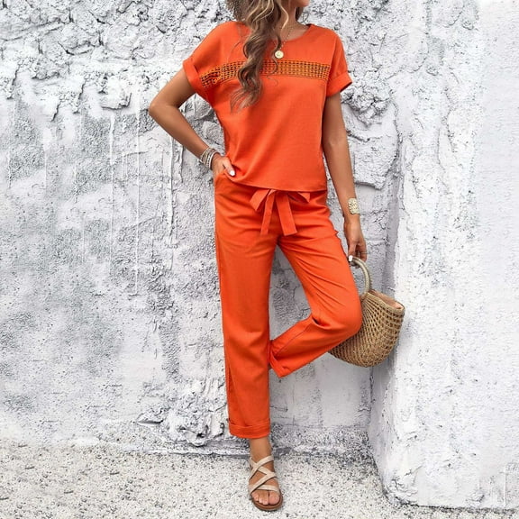 Women's 2024 Spring/Summer Casual Short Sleeve Top & Long Pants Outfit Set Wedding Outfits for Women Guest Womens Jumpsuits Petite Dress for Women plus Size Dress Jumpsuits for Women Evening Women Bib