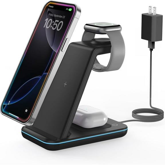 Wireless Charger for iPhone Charging Station: 3 in 1 Phone Charger Stand for iPhone 16/15/14/13/12/11/SE/X Pro Max Plus - Apple Watch Ultra/10/9/8/SE/7/6/5/4/3 - AirPods 2/3/4 Pro