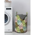 thumbnail image 3 of Colorful Laundry Bag, Exotic Theme Tropical Leaves Pattern with Monsteras Natural Art, Basket with Handles Drawstring Closure for Laundromats, 13" x 19", Charcoal Grey and Multicolor, by Ambesonne, 3 of 4