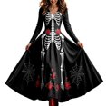 thumbnail image 3 of Huowey Gothic Skeleton Dresses Flowy Halloween Witch Women Elegant Cosplay Party Gown Long Sleeve V-Neck Trendy Photo Dress,Black,L, 3 of 6