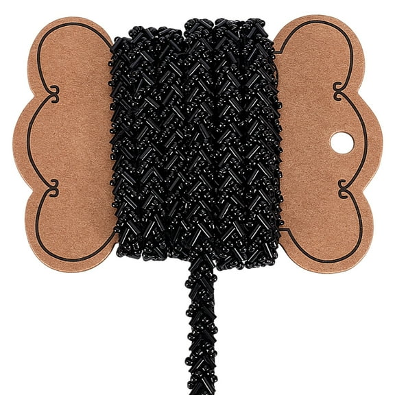 2.5 Yards Polyester Lace Ribbons with Glass Beads Black 1/4 inch(7mm)