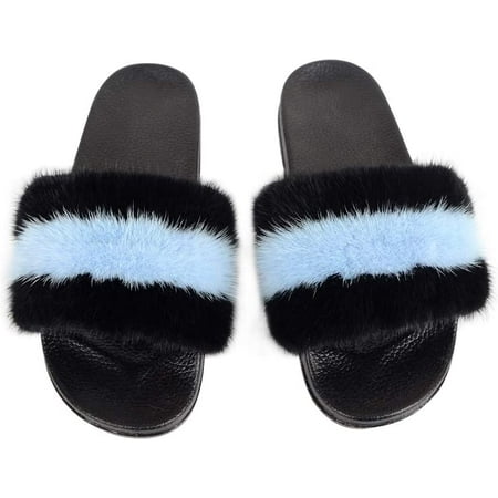 

Women s Fur Slides Fluffy Fur Lovely Slipper Rubber Flat Non-Slip Casual Slippers for Ladies Multicolor