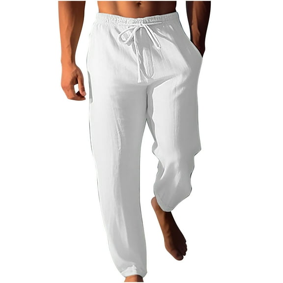 HOOMEUMY Men's Linen Long Pants Loose Fit Lightweight Drawstring Beach Pants with Pockets Solid Color Summer Trousers White XL