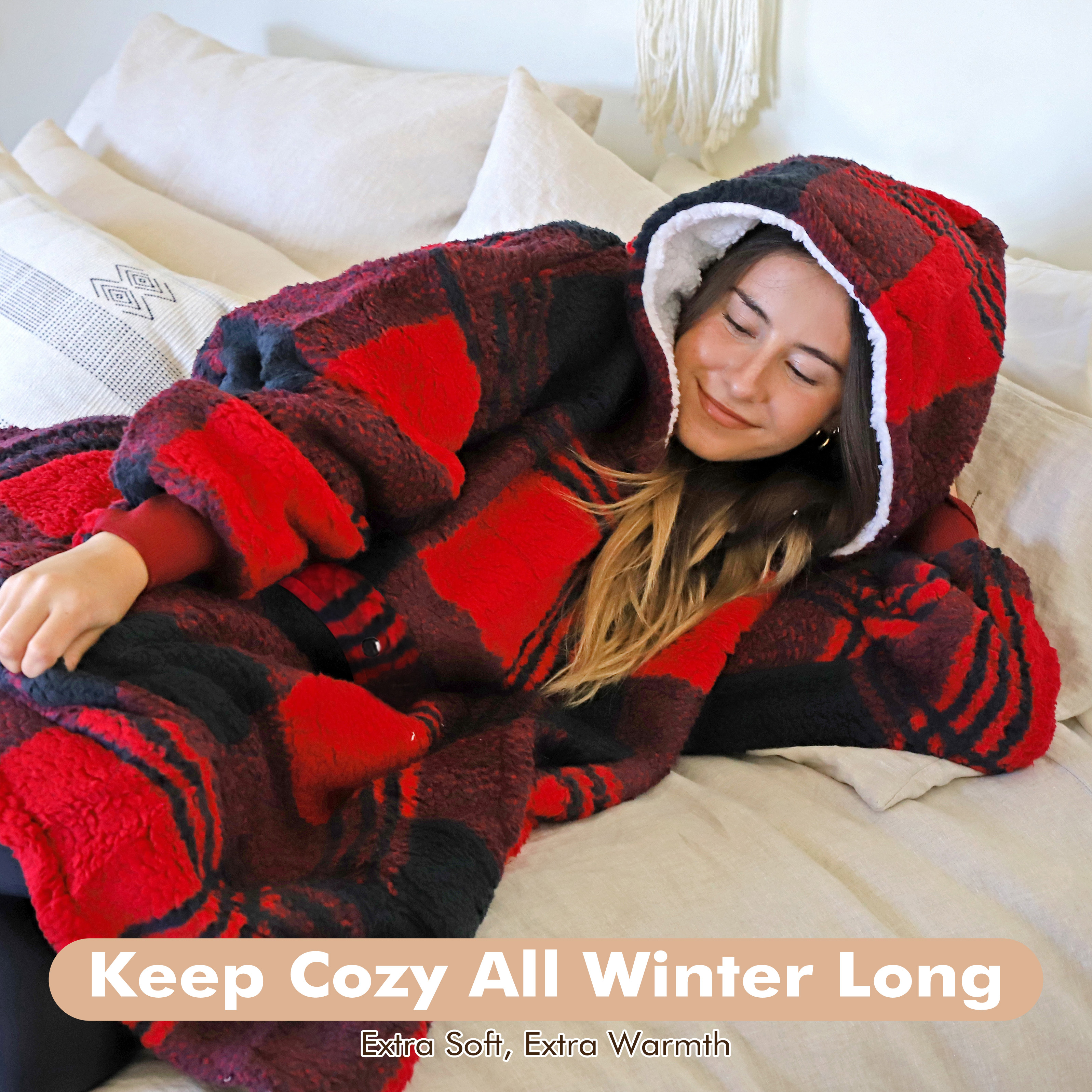 Tirrinia Oversized Blanket Hoodie, Wearable Fluffy Sherpa Blanket, Cozy Sweatshirt Blanket Gift for Adult Women Men Girlfriend, Black Plaid