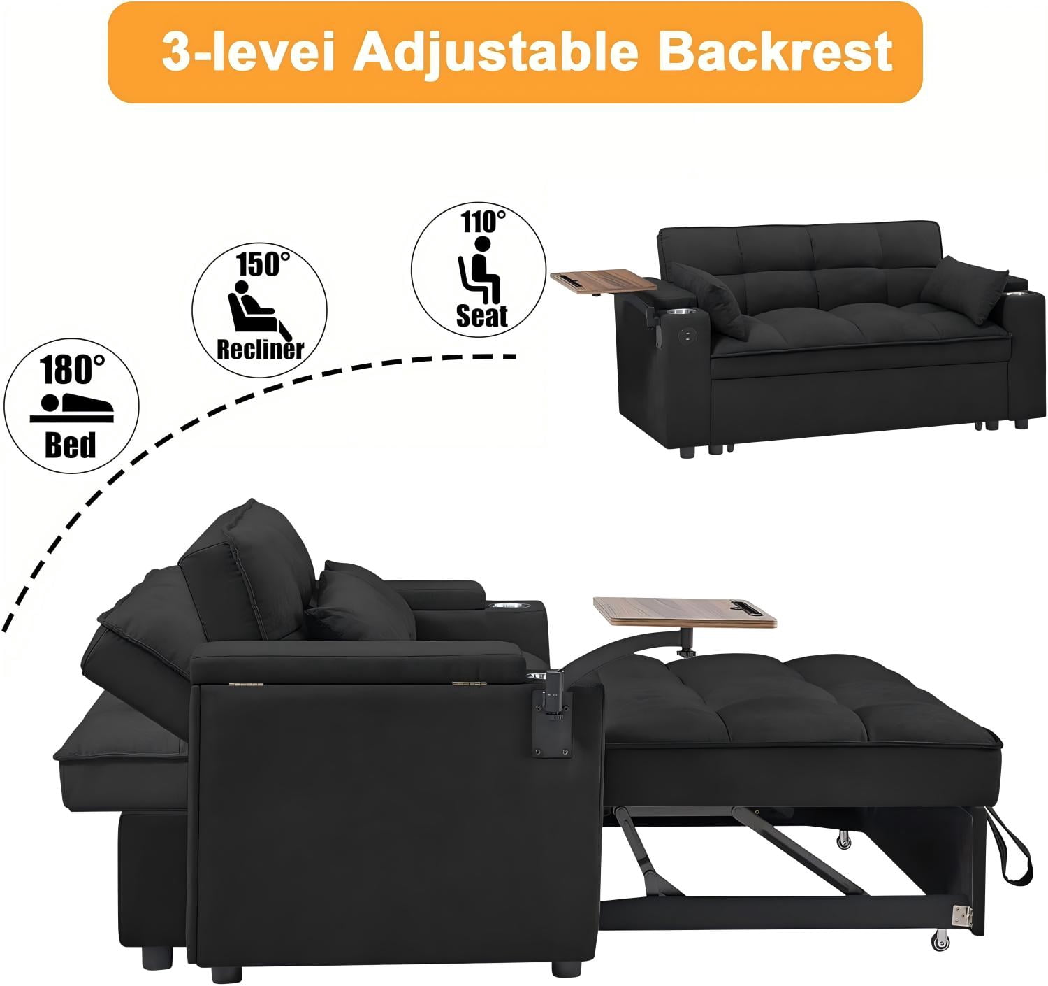 3‑in‑1 Convertible Sleeper Sofa Bed, Velvet Pull‑Out Loveseat Sofa with 3‑Level Adjustable Backrest, USB Charging Ports, Foldable Side Table & Phone Holder for Living Room Apartment, Black