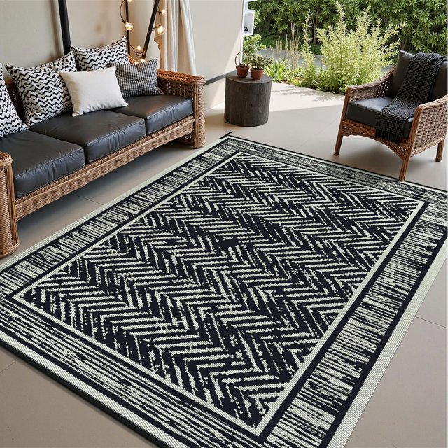 Outdoor Rug with Led Strip Lights RV Camping Mat and Patio Rug for Deck Balcony Porch Backyard Beach Picnic Outdoor Carpet Striped Pattern Modern Slip Plastic Straw x & Bei