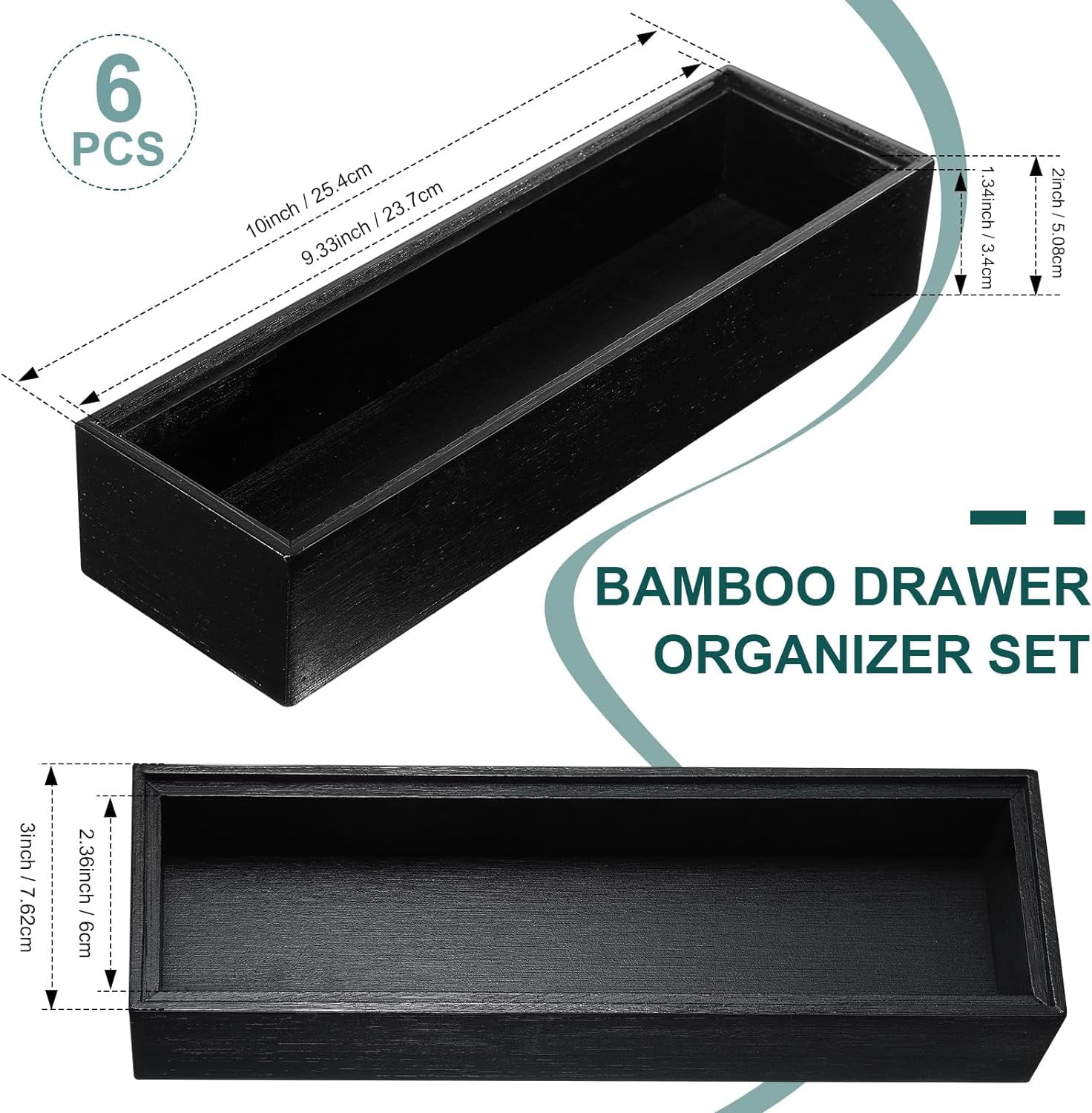 6 Pcs 10 x 3 x 2'' Bamboo Drawer Organizer Black Stackable Utensil Silverware Holder Wooden Tray Drawer Dividers Boxes Spoon Storage Organizer for Kitchen Office Bathroom Cabinet Jewelry