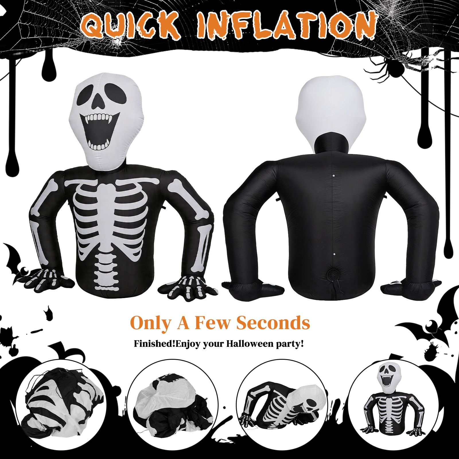 6ft Half-Skull Inflatable Decoration with 3 LED Lights, Black and White, 1000mA, 12V (US Standard)