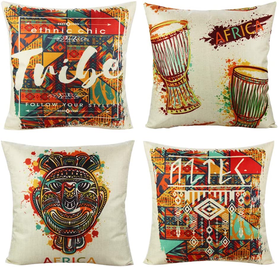 18X18 Decorative Ethnic African Indians Style Throw Pillow Covers Outdoor Multicolor Drum Totem Mask Decor Pillowcases for Home Bedroom Set of 4