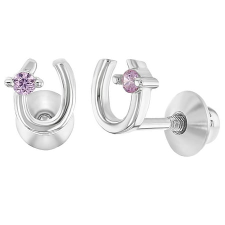 925 Sterling Silver Pink CZ Screw Back Little Horseshoe Earrings Children