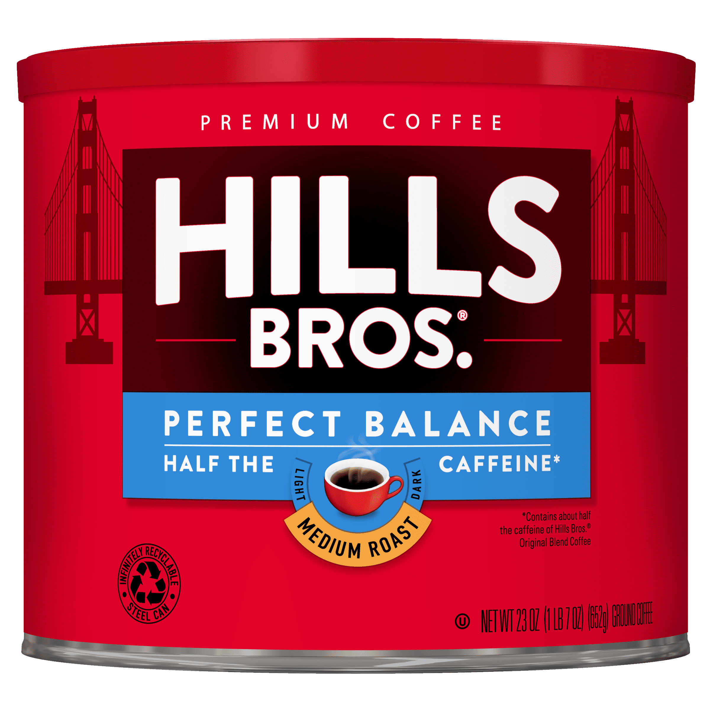 Hills Bros. Ground Coffee, Perfect Balance Medium Roast, Half-Caffeine, 23 oz